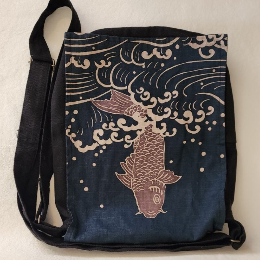 Blue Cloth Crossbody Bag with Purple Batik Fish Design